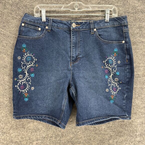 Cato Shorts Women 14 Blue Floral Embroidered Denim Dark Wash Mid Rise Chino - Picture 1 of 8